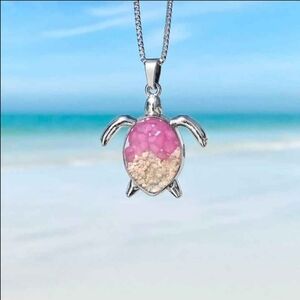 Pink Pebble Sand Sea Turtle Stainless Steel Box Chain Necklace